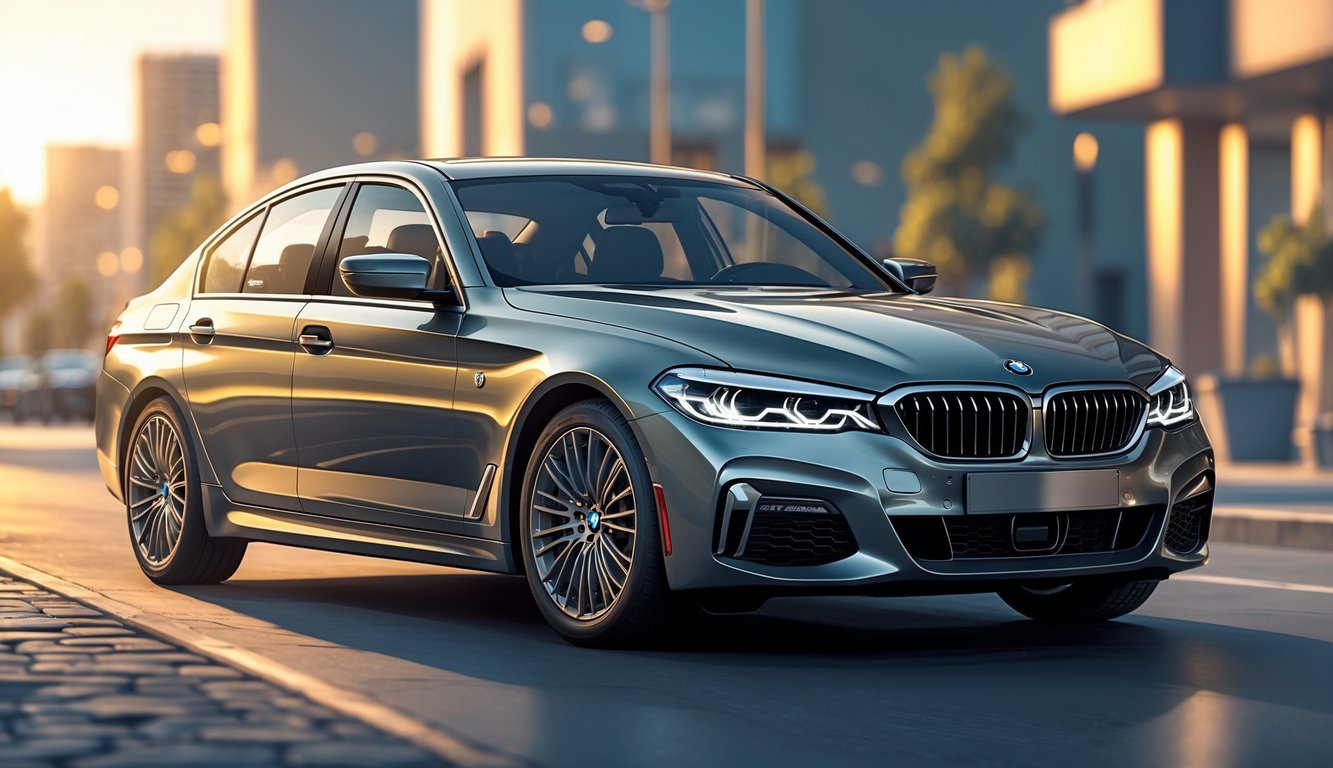 BMW F30 automobil parkiran na gradskoj ulici s modernim zgradama u pozadini.