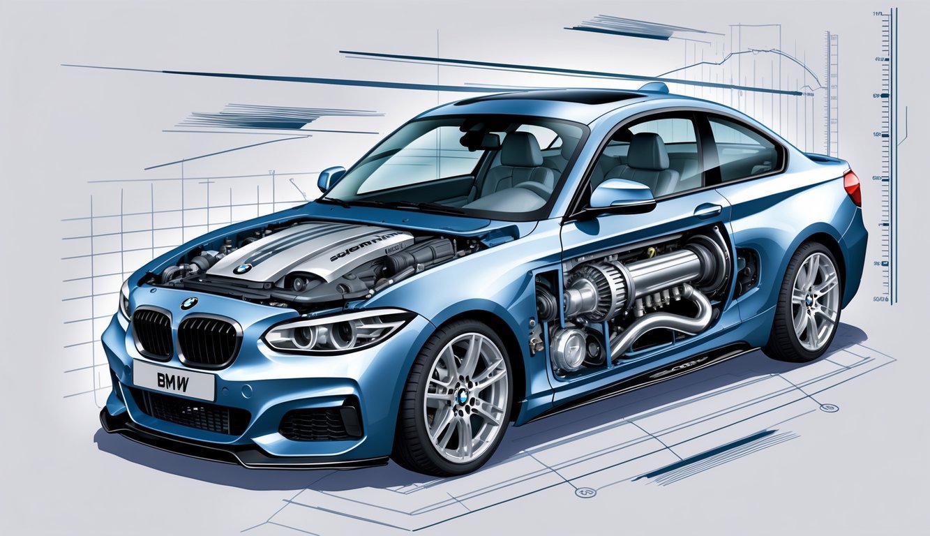 Prikaz motora, mjenjača i elemenata performansi BMW serije 1 s vidljivim unutarnjim dijelovima automobila.