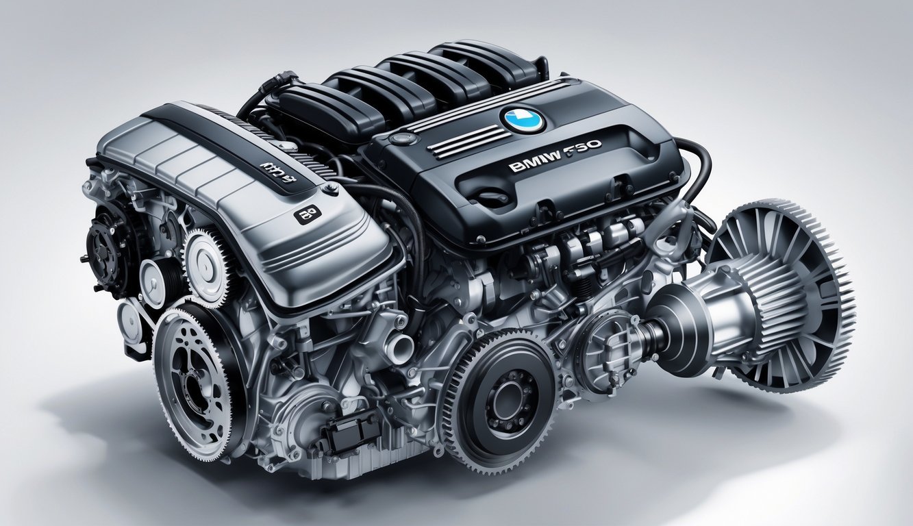Ilustracija motora i mjenjača BMW F30 automobila s vidljivim detaljima performansi.