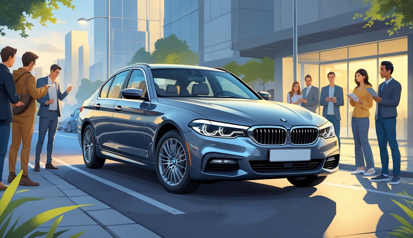 BMW E90 parkiran na gradskoj ulici s nekoliko ljudi koji ga promatraju i razgovaraju.