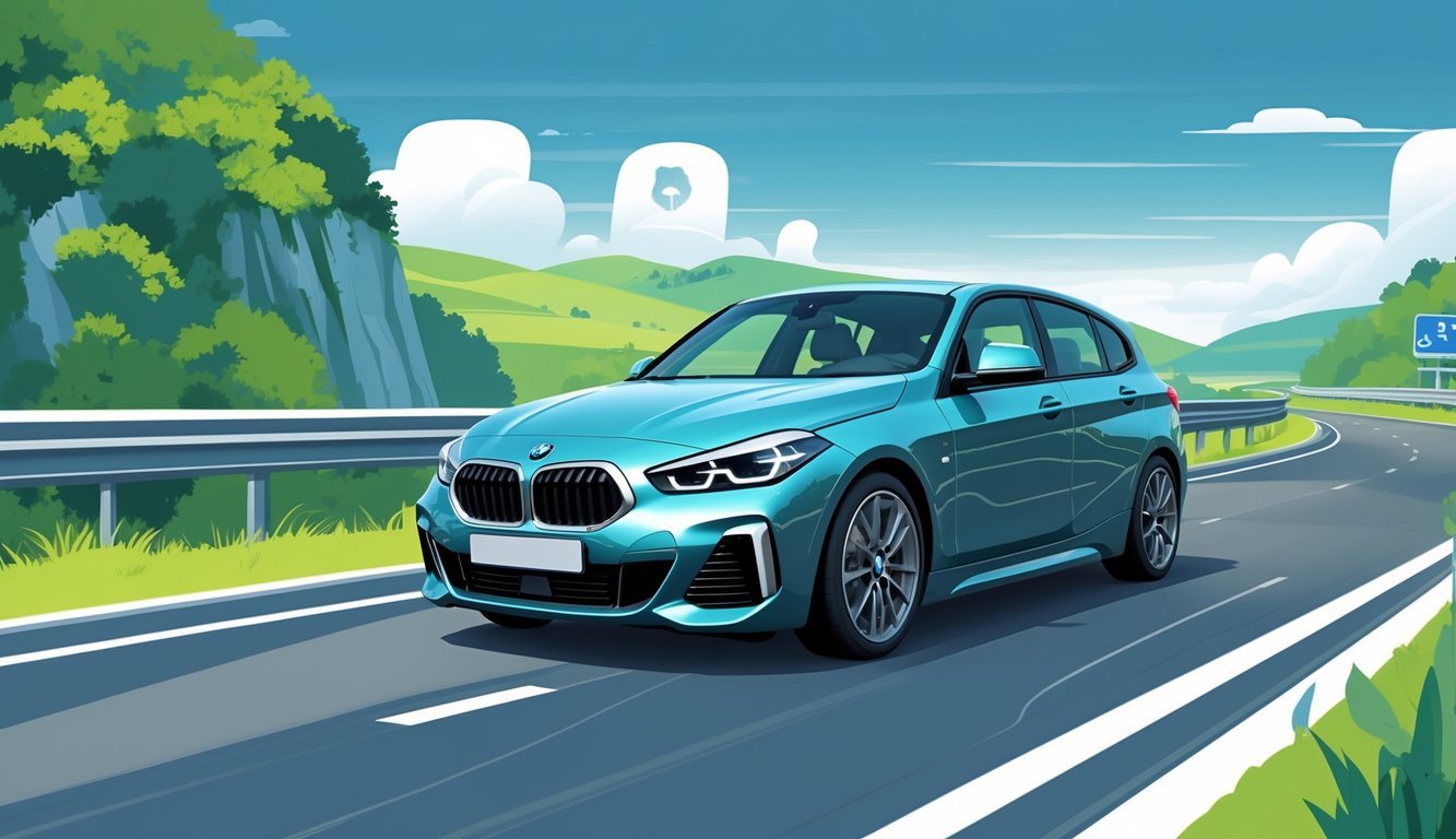 BMW serija 1 na cesti okružen zelenilom, sa simbolima potrošnje goriva i troškova vožnje u pozadini.