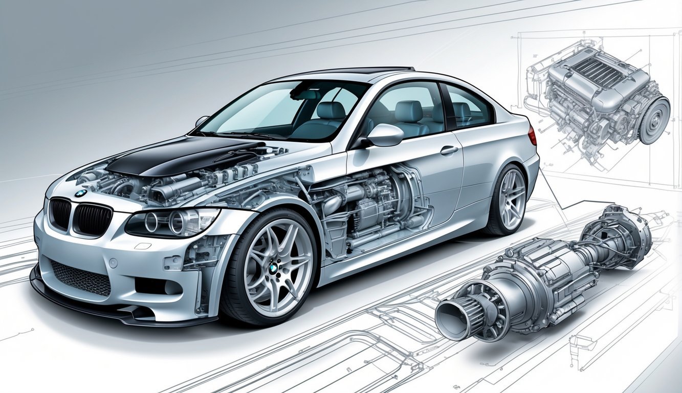 Ilustracija unutarnjih dijelova motora i mjenjača BMW E90 automobila, s prikazom performansi vozila.