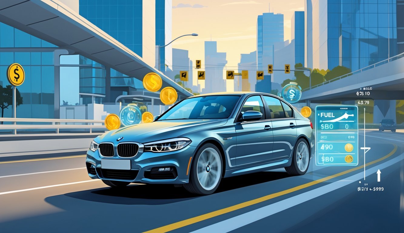 BMW E90 automobil na gradskoj cesti s prikazom simbola potrošnje goriva i troškova vožnje.