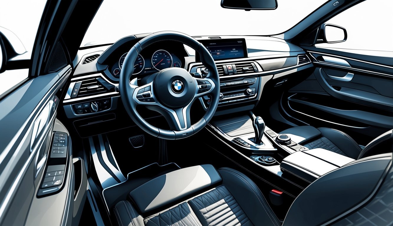 Unutrašnjost BMW E90 automobila s naglaskom na kvalitetu izrade i infotainment sustav.