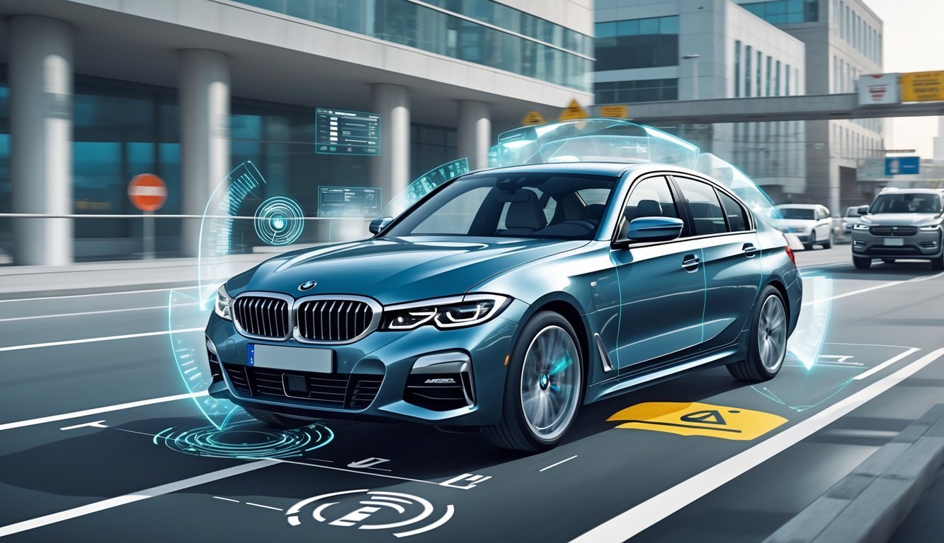 BMW F30 automobil na cesti s prikazom sigurnosnih i pomoćnih sustava vozaču.