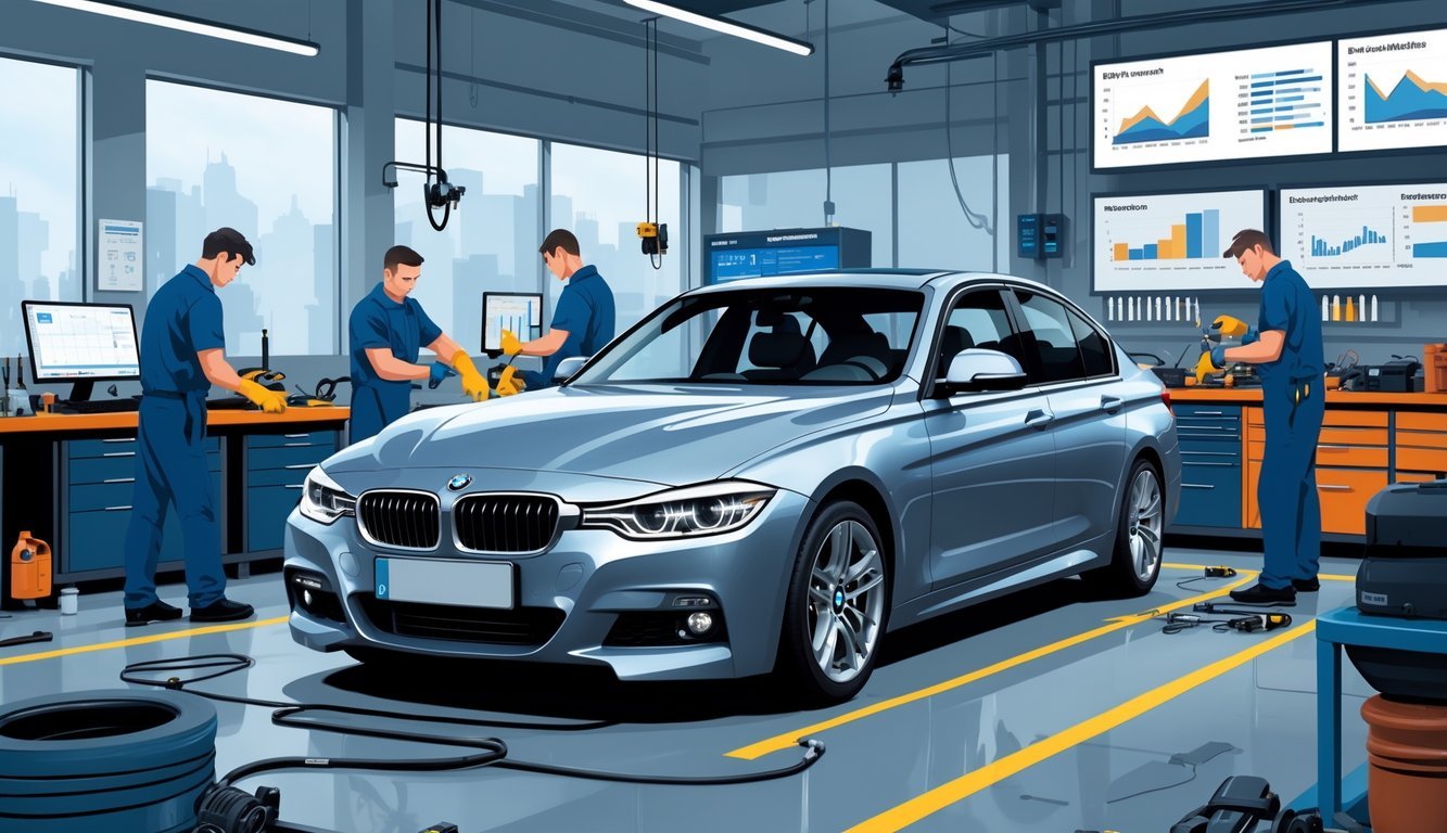 BMW F30 parkiran u radionici gdje mehaničari popravljaju automobil i pregledavaju dijelove uz prikaz alata i opreme.