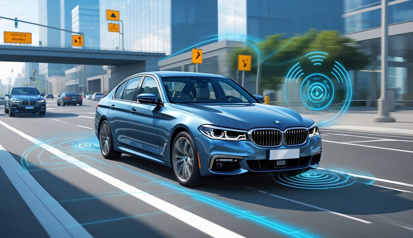 BMW E90 na cesti s prikazom sigurnosnih i pomoćnih sustava za vozača.