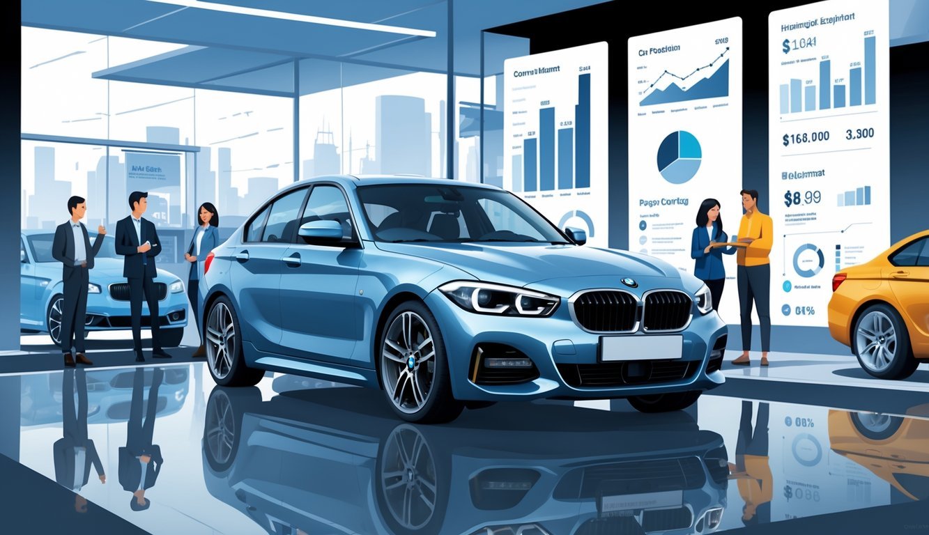 Prikaz BMW serije 1 na gradskom parkiralištu s ljudima koji pregledavaju automobil i grafikonima koji simboliziraju cijene i opremu.