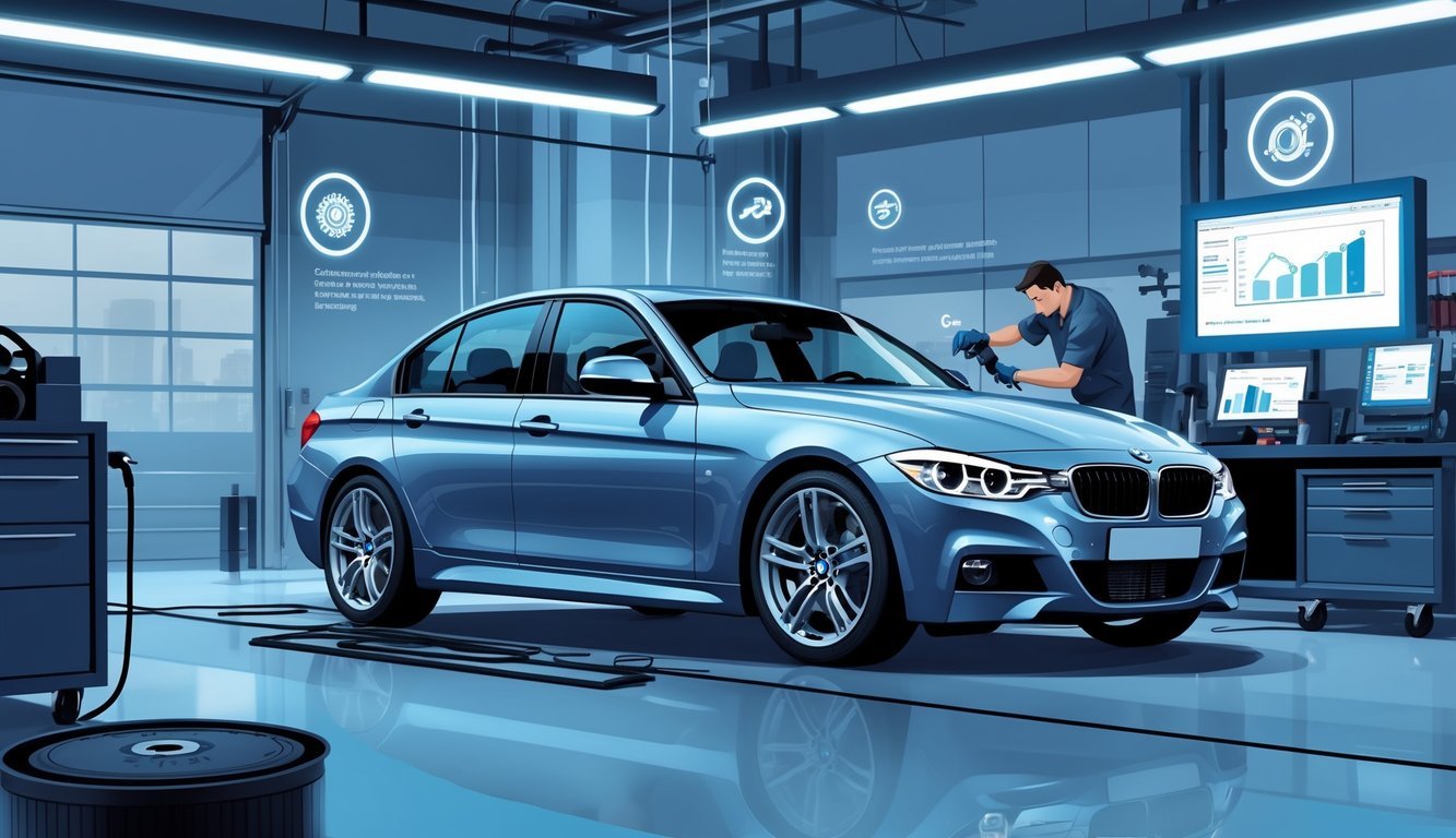 BMW E90 parkiran u radionici dok mehaničar pregledava motor, s prikazom simbola koji predstavljaju tipične kvarove i troškove servisa.