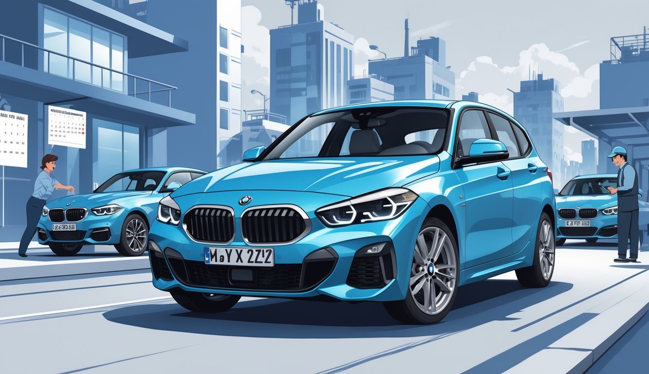 BMW serija 1 automobil prikazan iz više kutova s ilustracijama koje prikazuju iskustva vlasnika, uključujući vozača, mehaničara i simbole pouzdanosti.