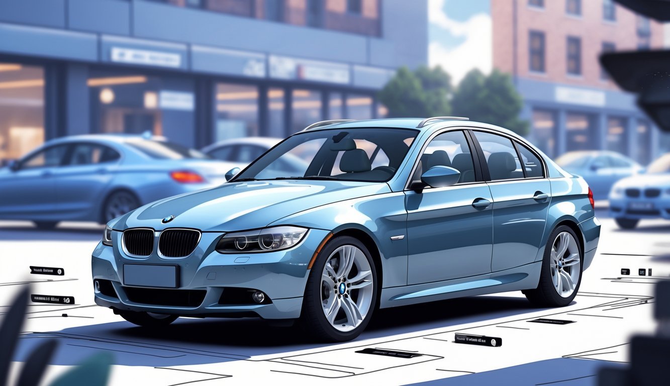 BMW E90 automobil parkiran u gradskom okruženju s prikazom ikona opreme i elemenata tržišta rabljenih vozila u pozadini.