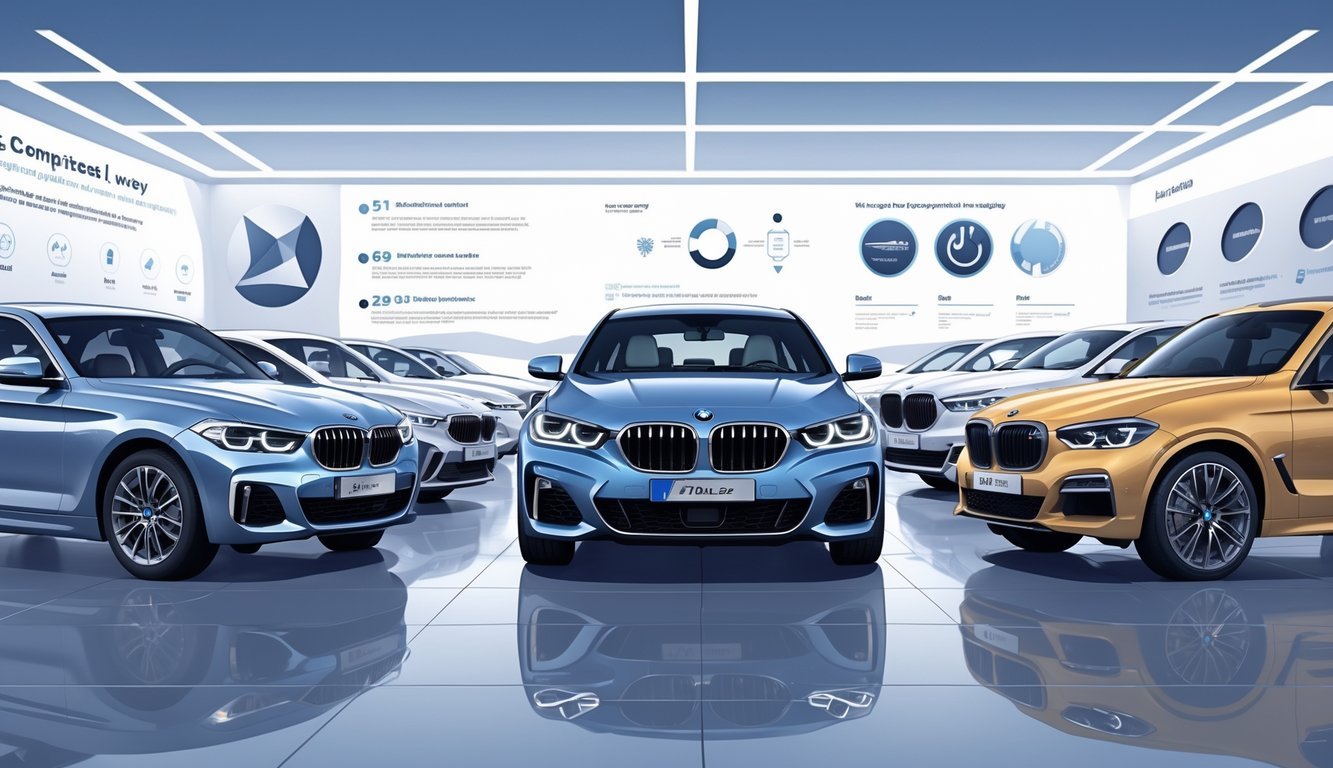 Prikaz nekoliko automobila postavljenih jedan do drugog u izložbenom prostoru, s BMW serijom 1 u sredini i drugim sličnim modelima oko njega.