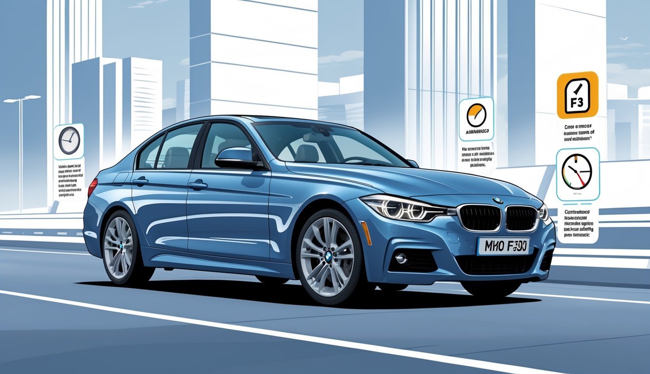 BMW F30 automobil parkiran u urbanom okruženju s ikonama koje prikazuju prednosti i mane vlasničkog iskustva.