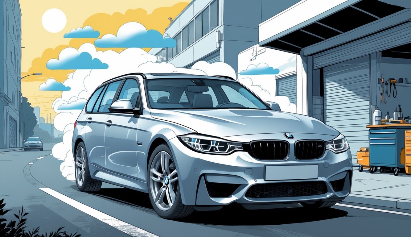 BMW E90 automobil na cesti s elementima koji prikazuju prednosti i mane iz iskustava vlasnika.