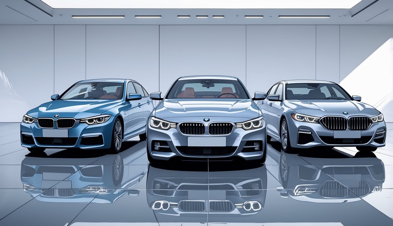 Tri moderna automobila postavljena jedan do drugog u prikazu s prednje strane u svijetlom prostoru, središnji automobil je BMW F30.