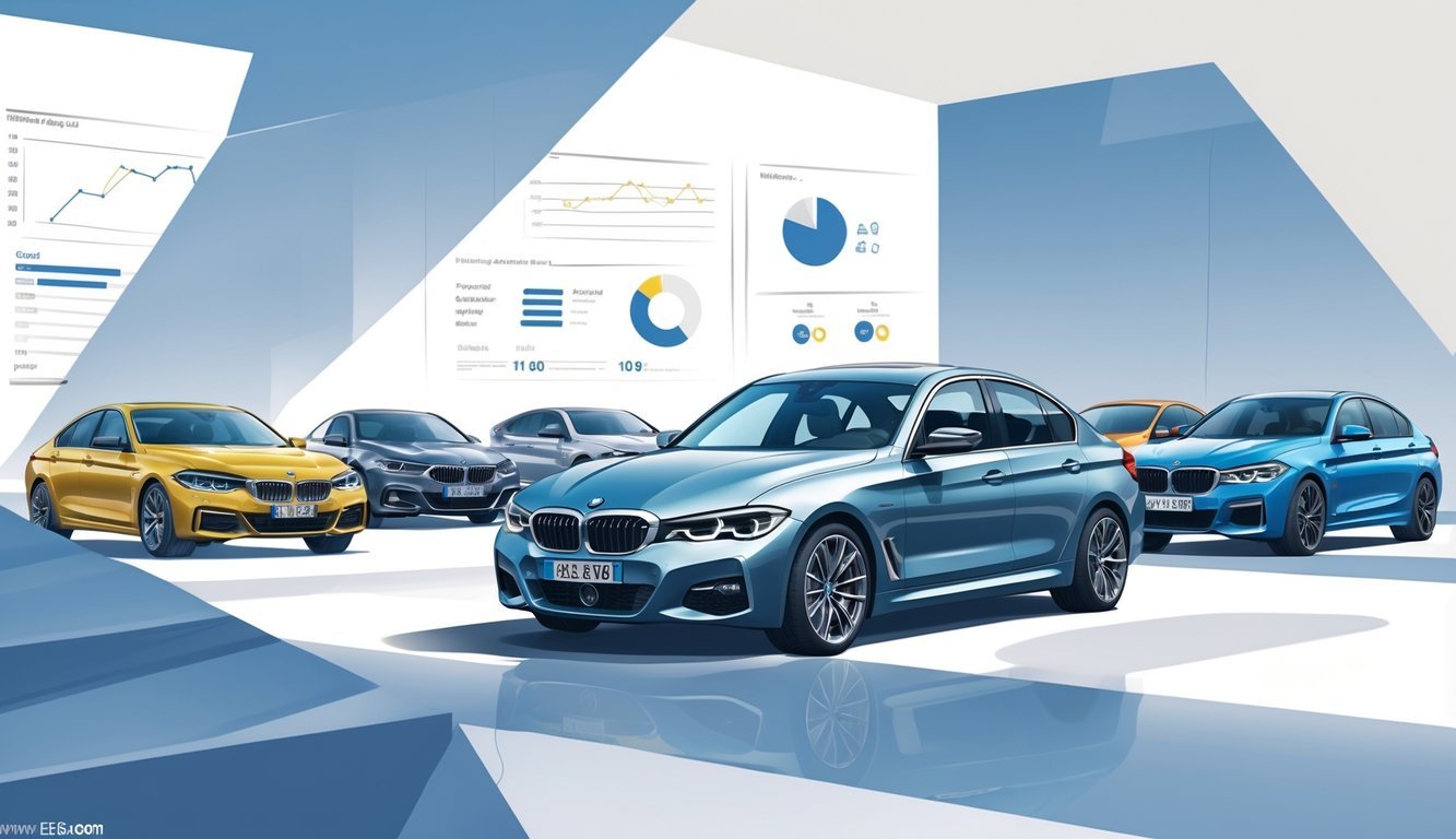 Prikaz automobila BMW E90 okružen drugim modelima automobila za usporedbu.