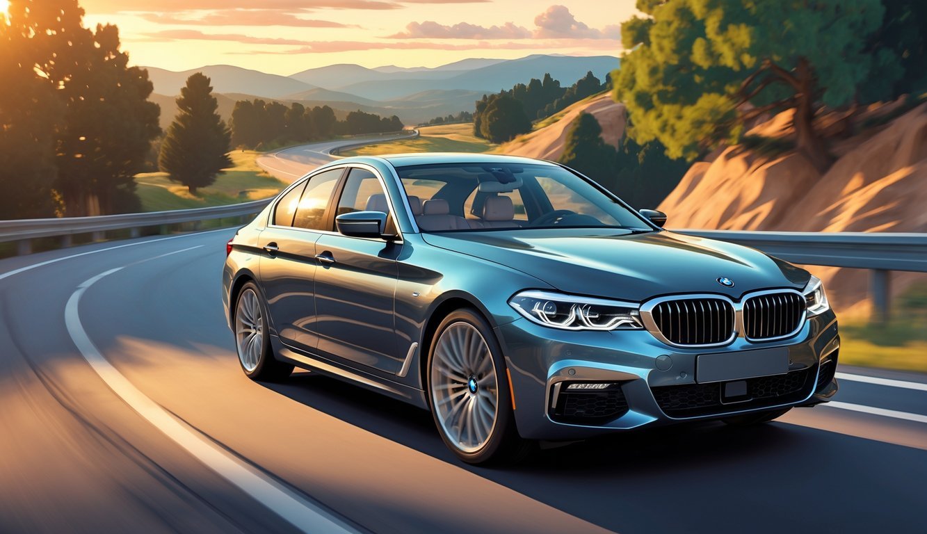 BMW serija 5 na cesti okruženoj zelenim drvećem i planinama u pozadini tijekom zalaska sunca.