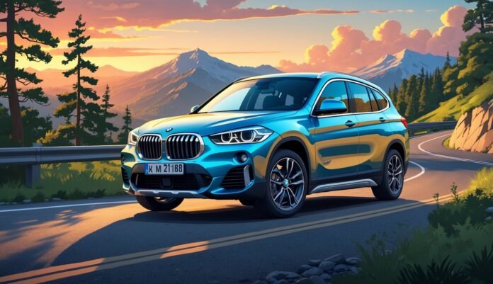 BMW X1 parkiran na planinskoj cesti s drvećem i planinama u pozadini tijekom zalaska sunca.