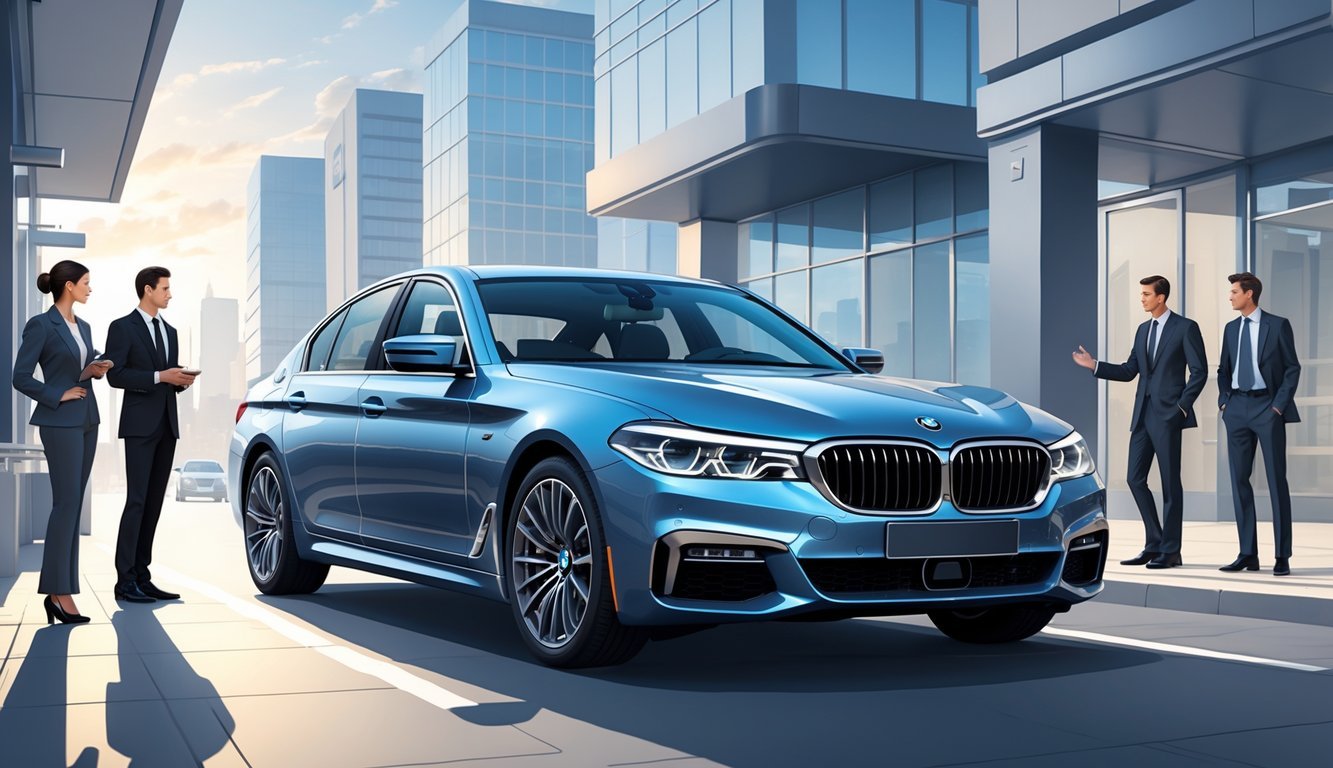 BMW serija 5 parkiran u urbanom okruženju s poslovnim ljudima u blizini.