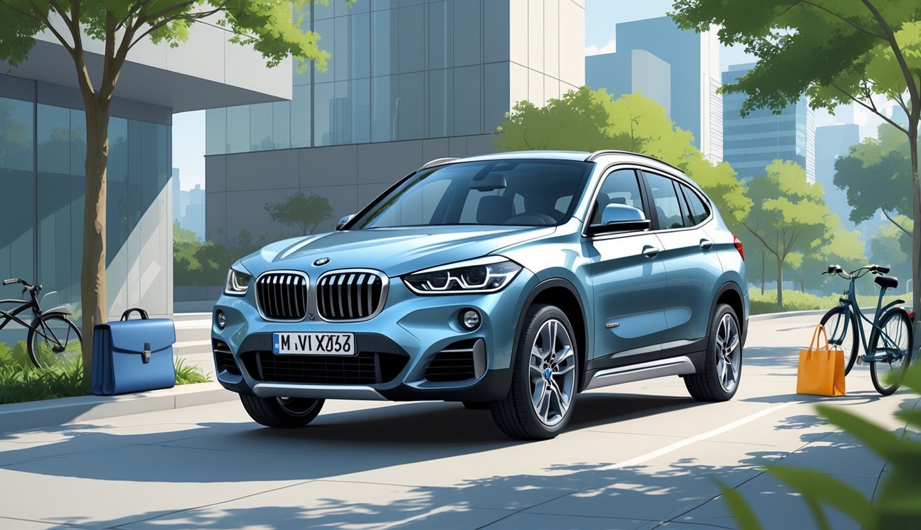 BMW X1 parkiran u gradskom okruženju s modernim zgradama u pozadini i predmetima koji predstavljaju mlade profesionalce i male obitelji.