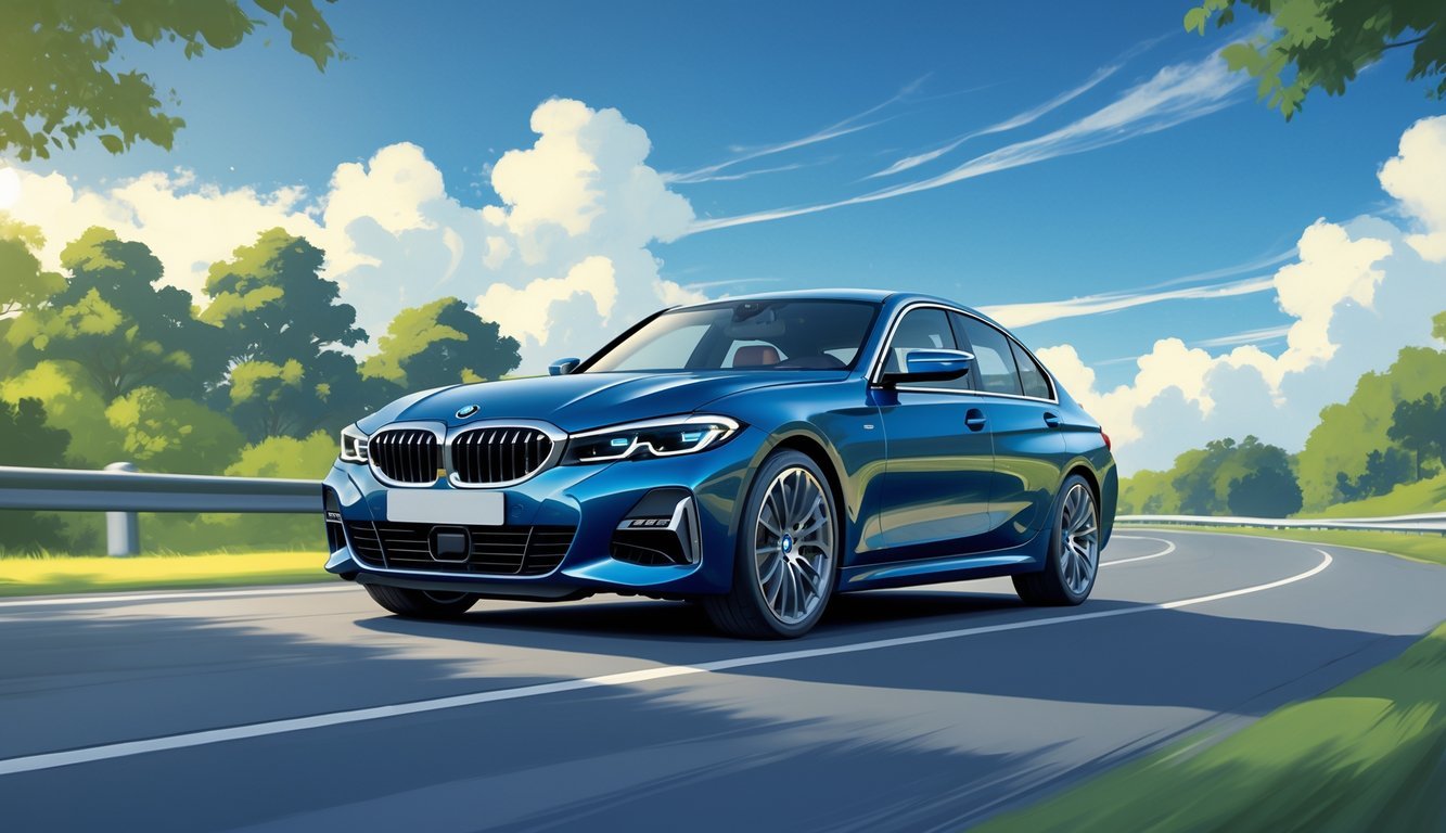 Plava BMW serija 3 na vijugavoj cesti okruženoj zelenim drvećem pod plavim nebom.