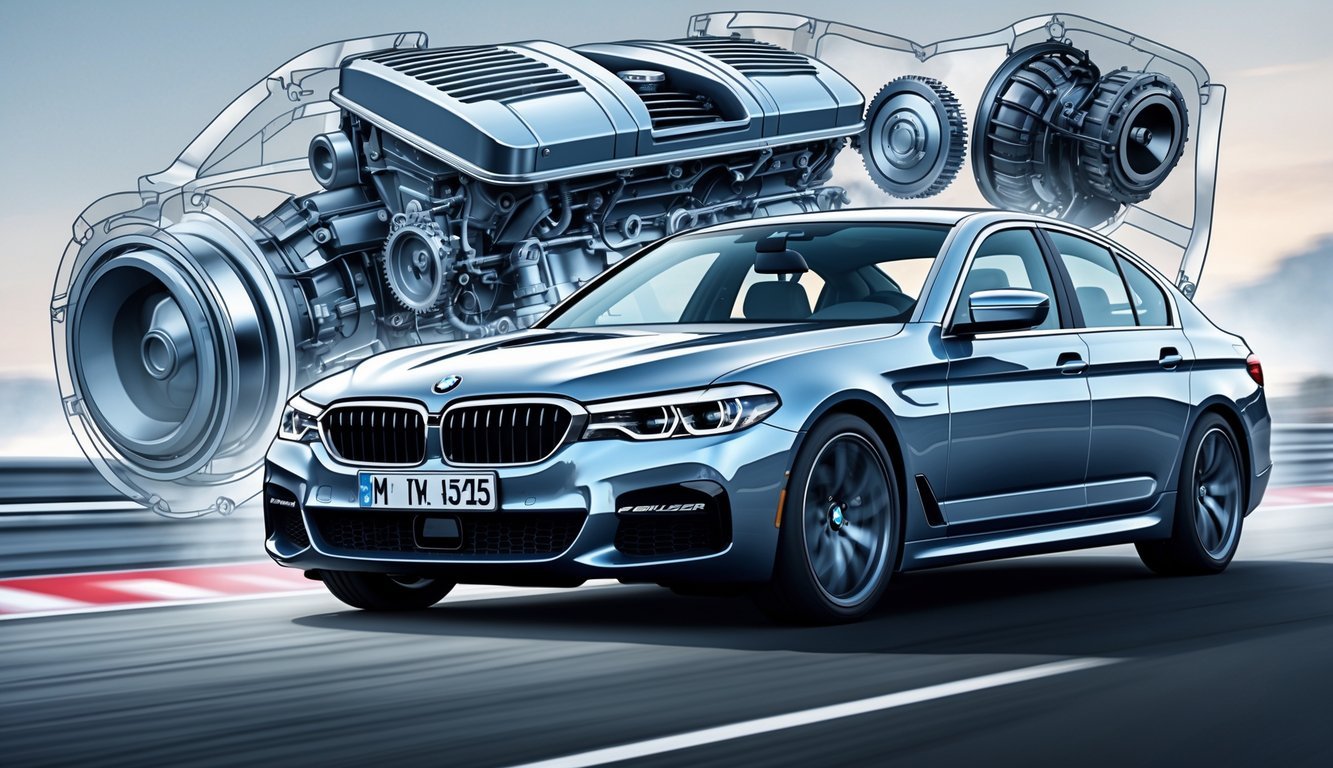 BMW serija 5 automobil u vožnji s prikazom motora i mjenjača u pozadini.