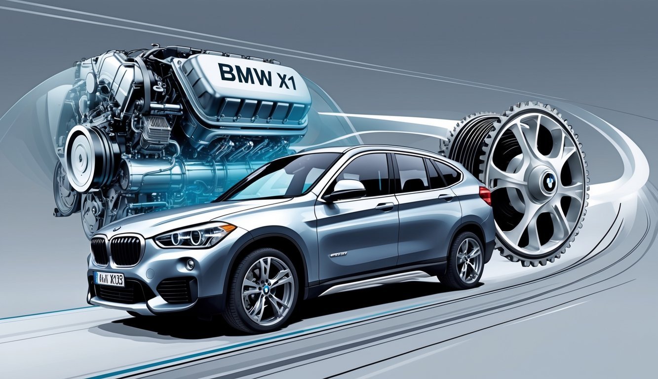 Ilustracija BMW X1 automobila s prikazom motora i mjenjača te elementima koji simboliziraju performanse.