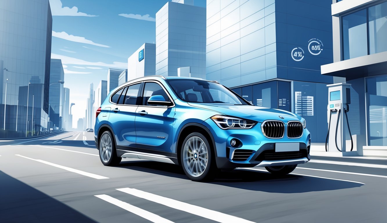 BMW X1 vozi gradskom cestom s prikazom elemenata koji simboliziraju potrošnju goriva i troškove vožnje.