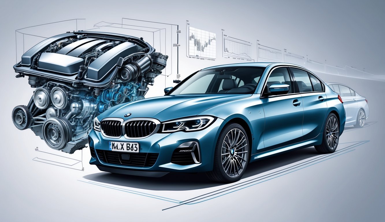 Ilustracija BMW serije 3 s prikazom motora, performansi i mjenjača u detaljnom prikazu.