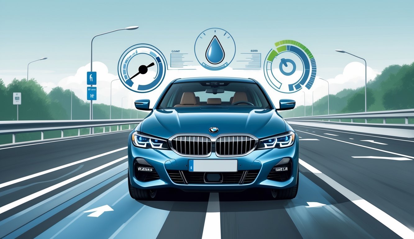 BMW serija 3 na cesti s prikazom simbola za potrošnju goriva i troškove vožnje.