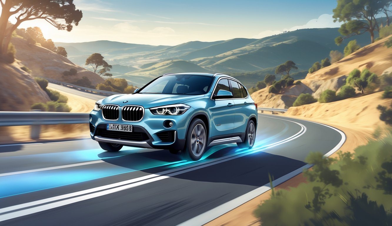 BMW X1 automobil vozi se zavojitom cestom okruženom brdima i drvećem.