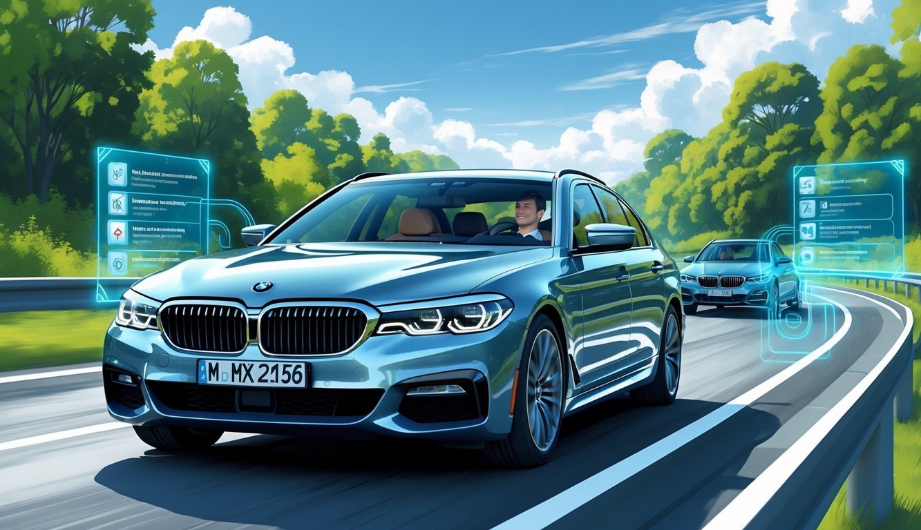 BMW serija 5 vozi autocestom okruženom zelenilom, s prikazom sigurnosnih sustava i vozačem koji koristi pomoćne tehnologije.