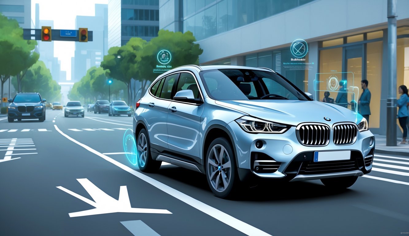 BMW X1 na cesti u gradu s prikazom sigurnosnih i pomoćnih sustava za vozača.