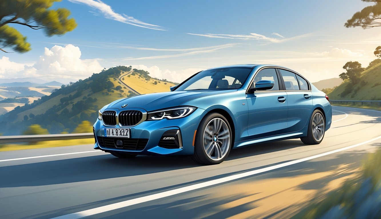 BMW serija 3 na vijugavoj cesti okruženoj brežuljcima i drvećem, prikazuje vožnju i ovjes automobila.