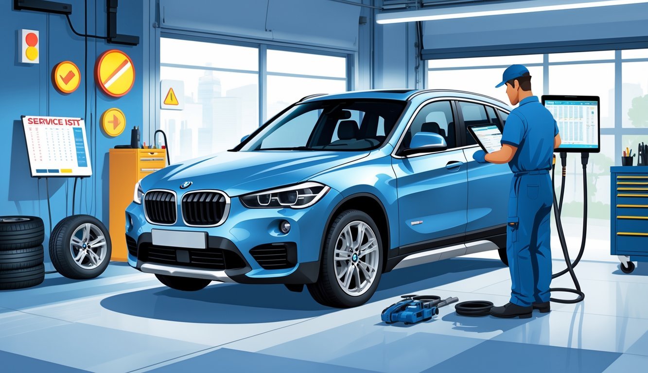 BMW X1 u automehaničarskoj radionici dok mehaničar pregledava motor i dijagnostičku opremu, s prikazom tipičnih kvarova i alata u pozadini.