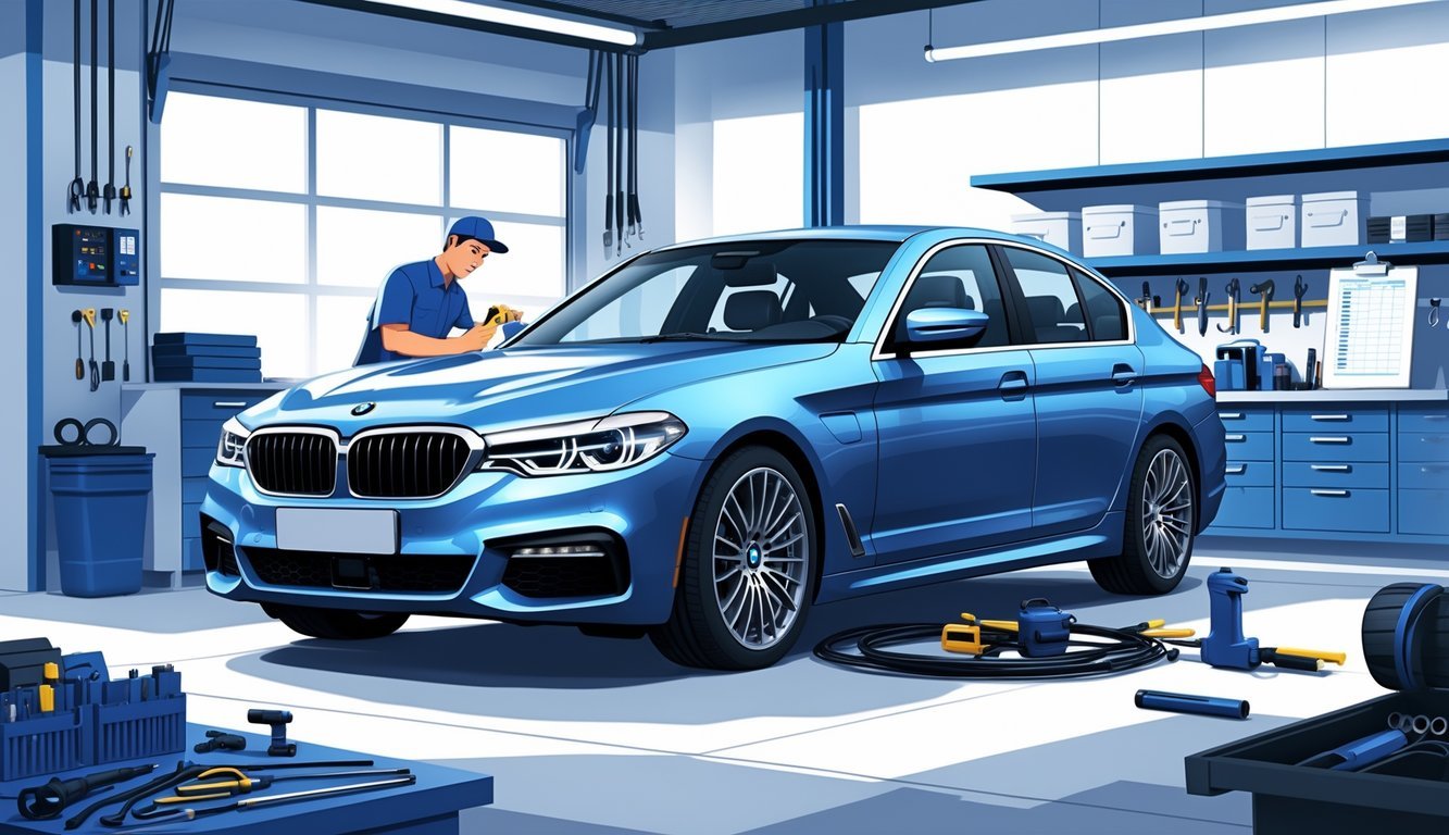 Mehaničar pregledava motor BMW serije 5 u garaži s alatima i dijelovima u pozadini.