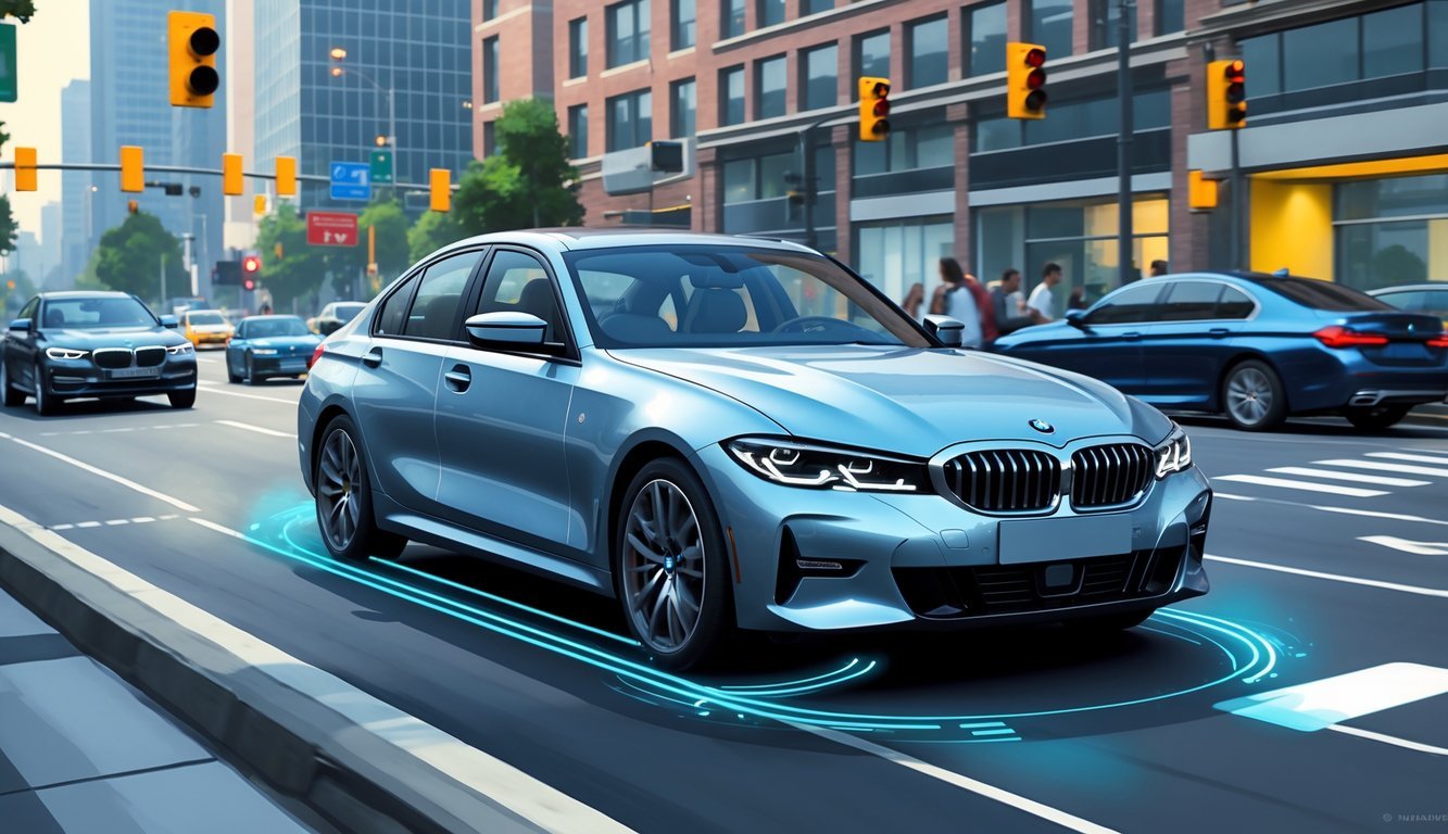 BMW serija 3 na gradskoj cesti s prikazom aktivnih sigurnosnih i pomoćnih sustava tijekom vožnje.