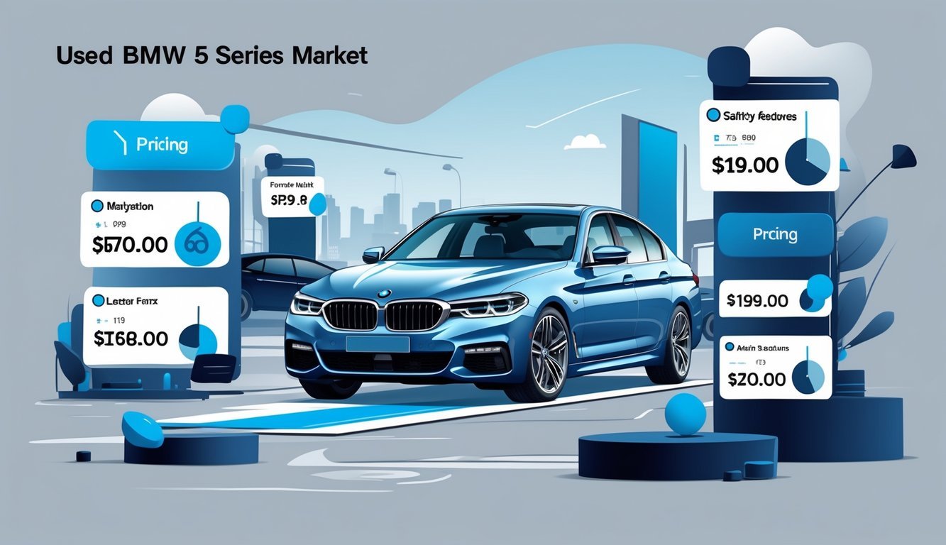 Ilustracija BMW serije 5 s prikazom automobila i elemenata koji simboliziraju cijene, opremu i tržište rabljenih vozila.