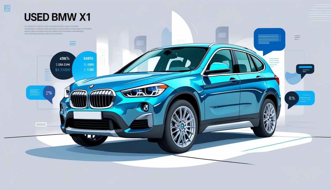 Prikaz BMW X1 automobila u suvremenom okruženju s elementima koji simboliziraju cijene, opremu i iskustva korisnika na tržištu rabljenih vozila.