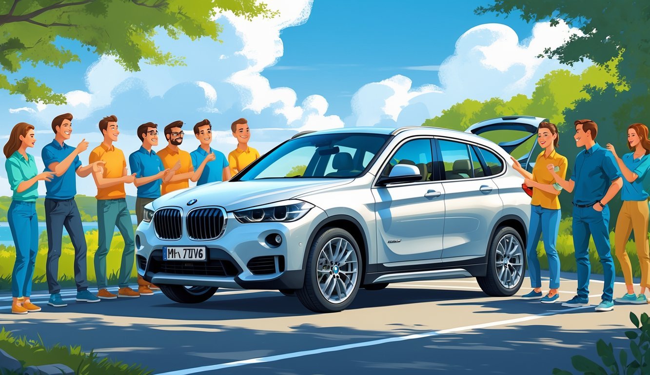Grupa ljudi oko BMW X1 automobila na cesti, razgovaraju i pokazuju različite dijelove vozila.
