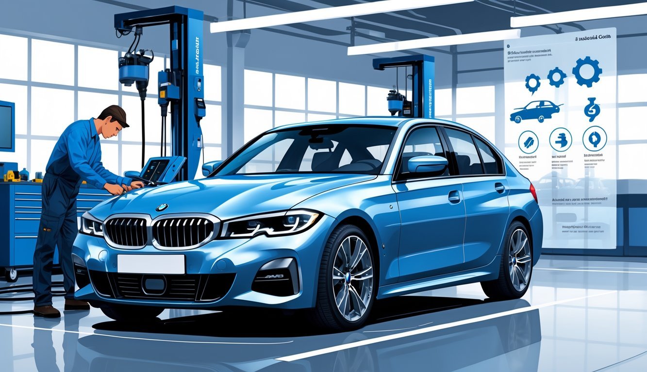 BMW serija 3 u automehaničarskoj radionici dok mehaničar pregledava motor i prikazuju se simboli tipičnih kvarova i troškova servisa.