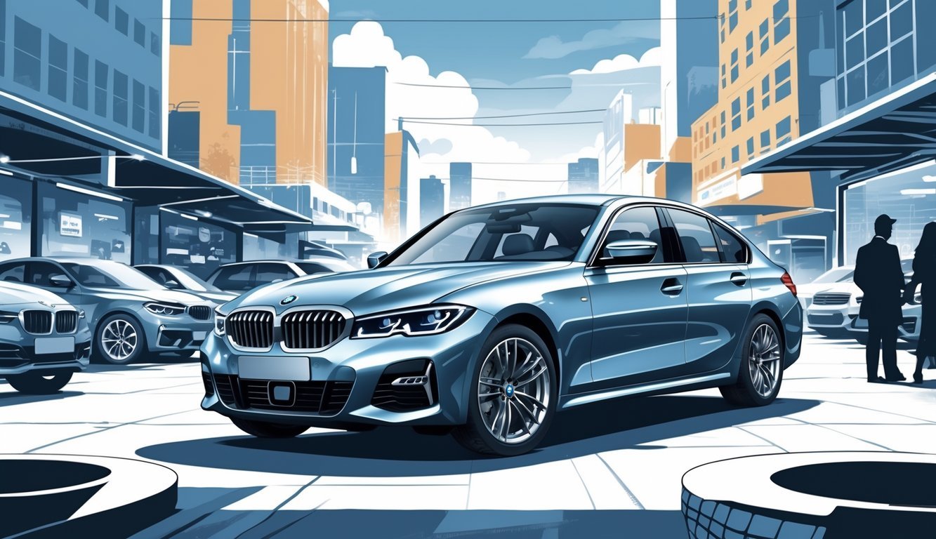 BMW serija 3 parkiran u gradskom okruženju s prikazom elemenata poput grafikona cijena, opreme i ljudi u pozadini.