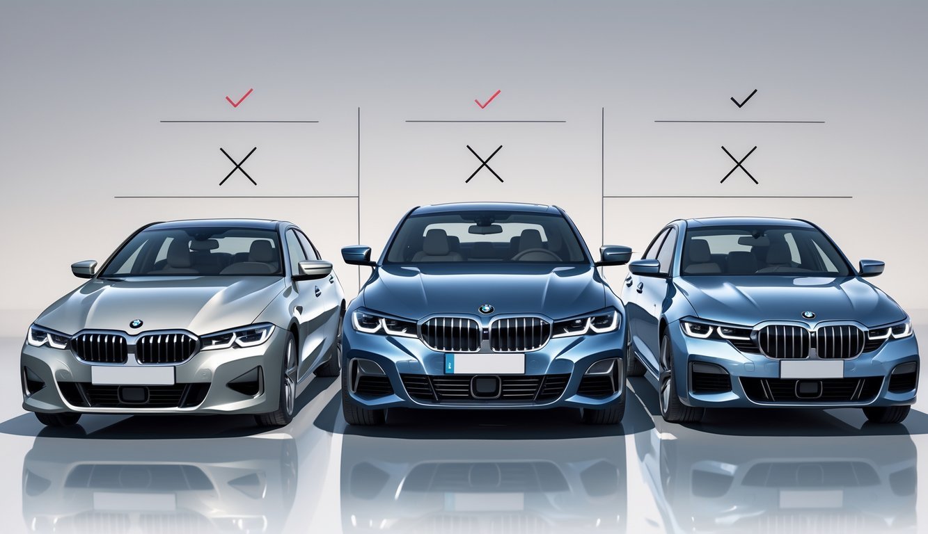 Tri automobila postavljena jedan do drugog radi usporedbe, s BMW serijom 3 u sredini i dva konkurentska modela sa strane.