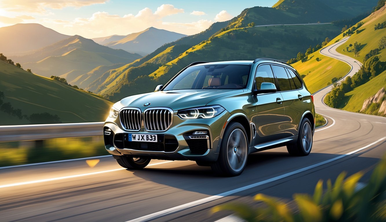 BMW X5 vozi planinskom cestom s zelenim brežuljcima u pozadini i toplim zalaskom sunca.