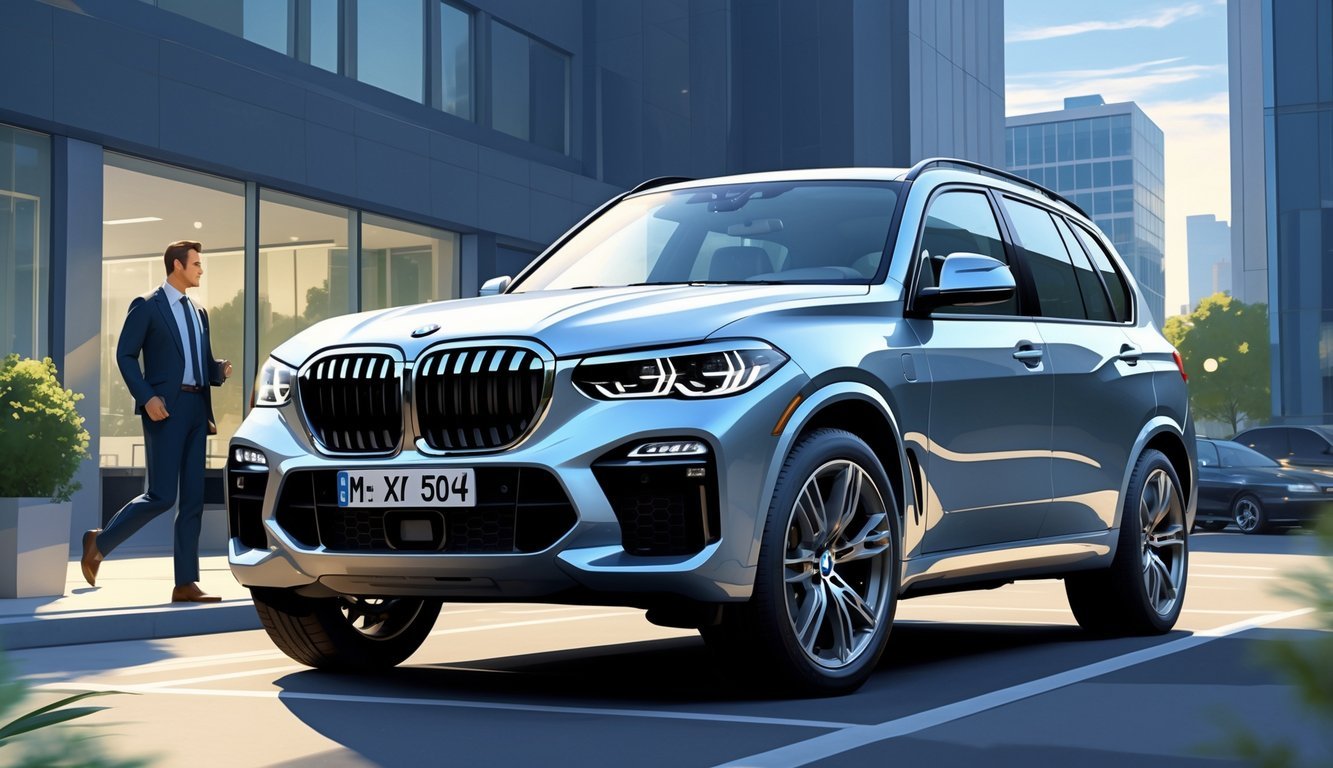 BMW X5 parkiran u gradskom okruženju s poslovnom osobom koja prilazi vozilu.