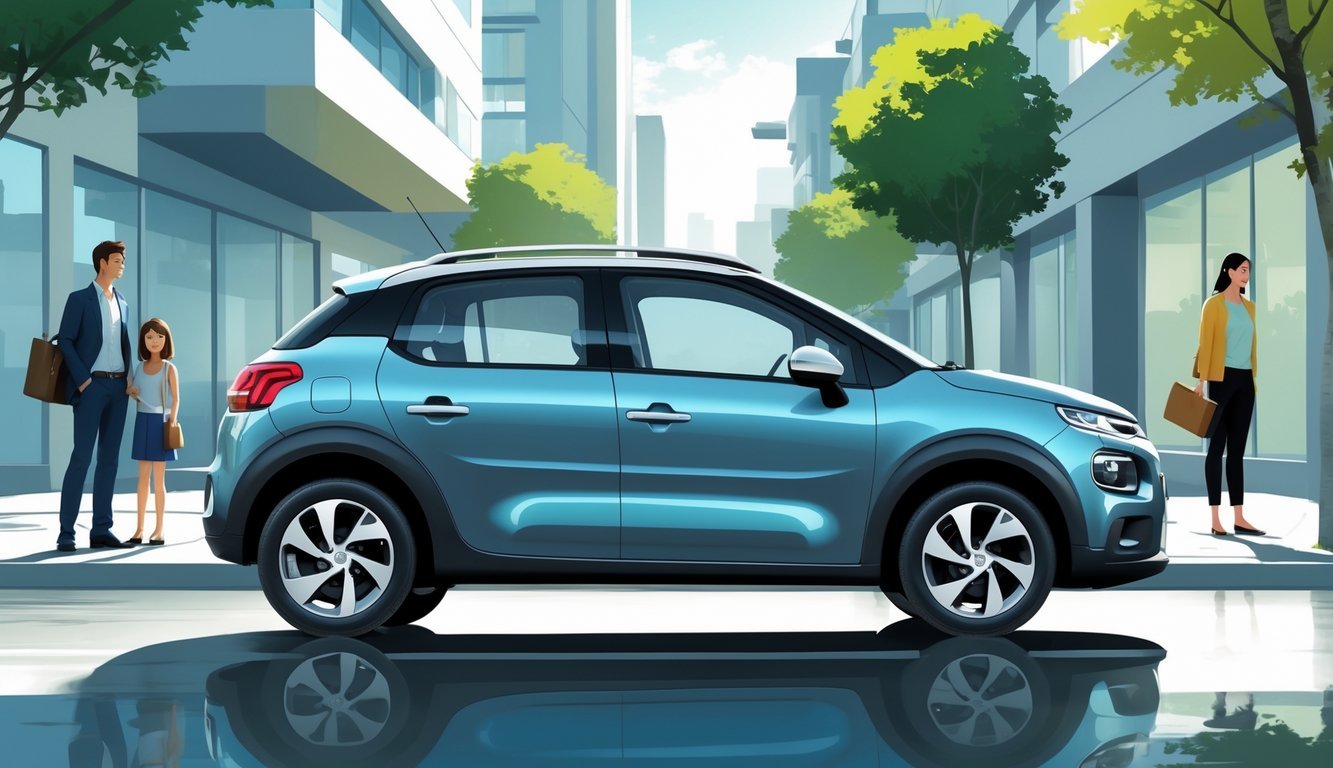 Automobil Citroën 1.4 HDi parkiran na gradskoj ulici s nekoliko ljudi oko njega.