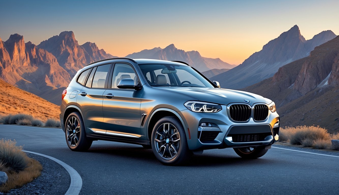 BMW X3 parkiran na planinskoj cesti s pogledom na planine u pozadini tijekom zalaska sunca.