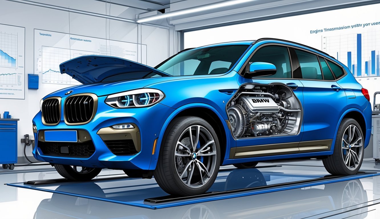 BMW X3 s otvorenim poklopcem motora koji prikazuje detaljan motor i dijelove mjenjača u suvremenoj radionici.