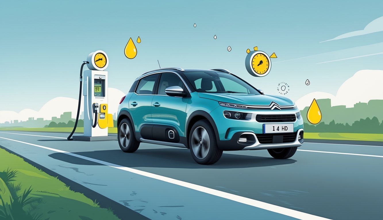 Citroën 1.4 HDi automobil na cesti s ikonama koje prikazuju potrošnju goriva i troškove vožnje.