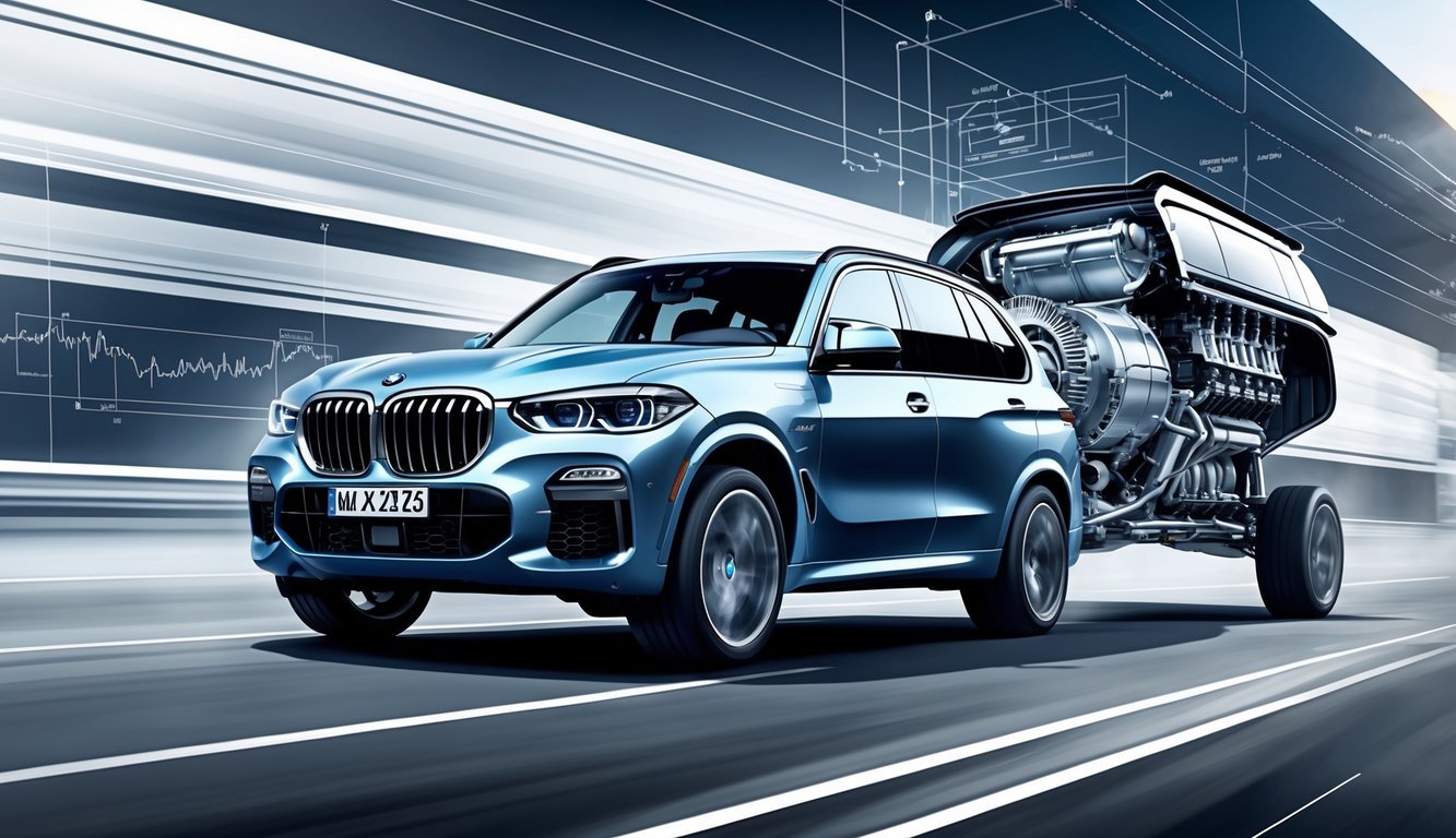 BMW X5 automobil u pokretu s prikazom motora i mjenjača pored vozila.